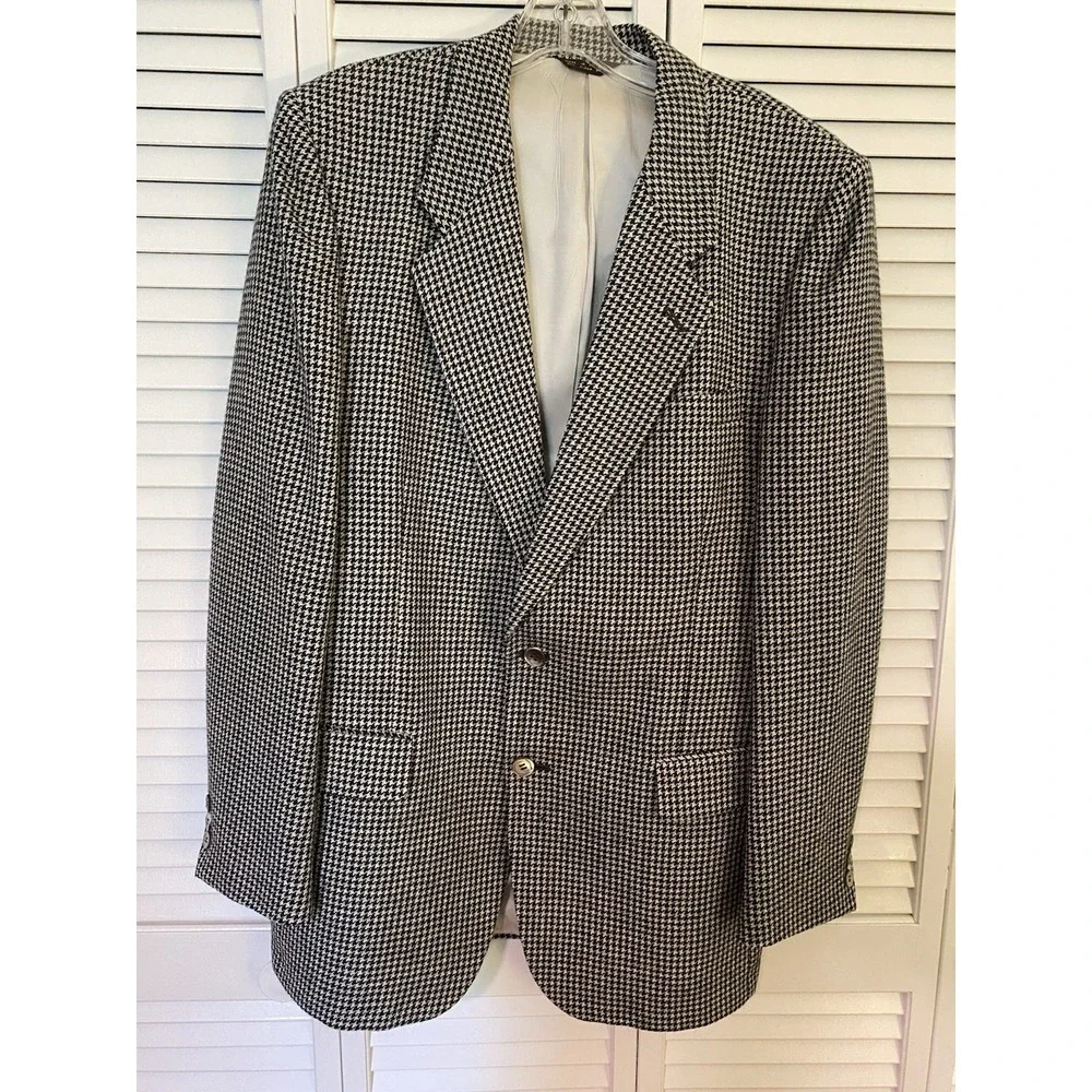 Vintage Oscar de la Renta Blazer Mens 42R Houndstooth Hand Tailored Preppy Wool